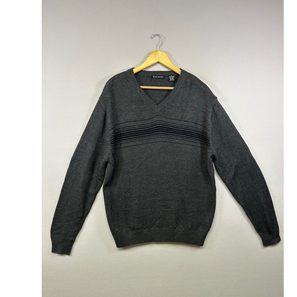 Classic Preppy Michael Brandon Mens XL Charcoal Grey V-Neck Striped Knit Sweater